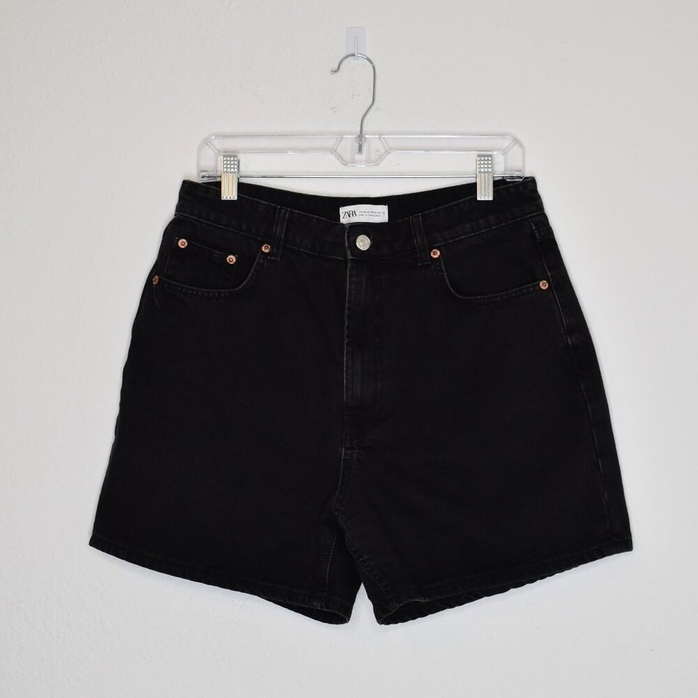 Zara Dad Shorts Denim Sz 10 High Rise Baggy Black 5 Pocket Retro Y2K Grunge